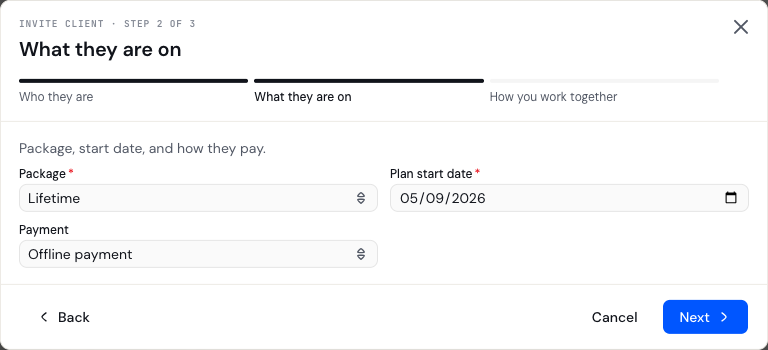 What they are on step showing a package, a plan start date and Offline payment.