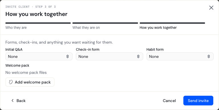 How you work together step with Initial Q&A, Check-in form, Habit form and Add welcome pack controls.