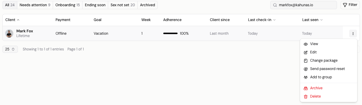 Client roster row with its three-dot menu open, showing View, Edit, Change package, Send password reset, Add to group, Archive and Delete.