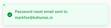 Confirmation message reading Password reset email sent to, followed by the client's email address.
