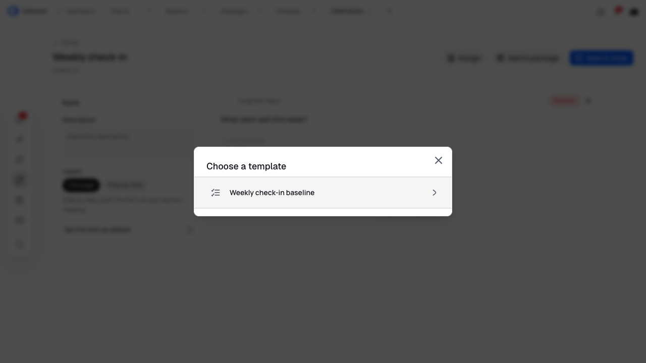 Choose a template dialog with Weekly check-in baseline.