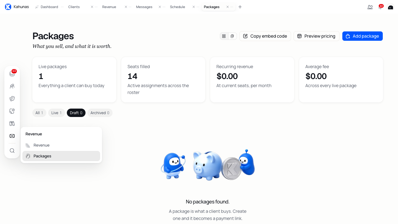 Revenue menu open with Packages selected in the left sidebar.