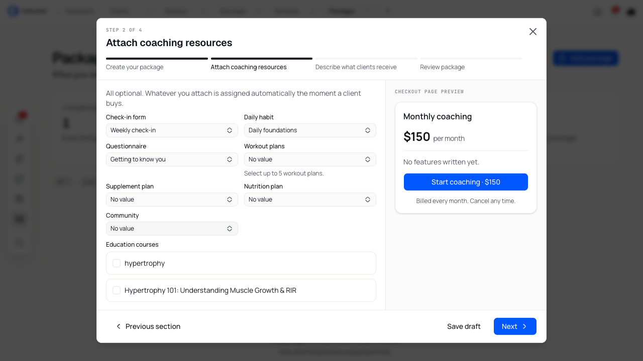 Package resources showing Weekly check-in, Daily foundations and Getting to know you selected.