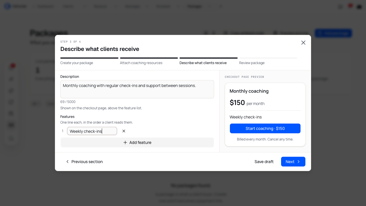 Package description and Weekly check-ins feature beside the checkout page preview.