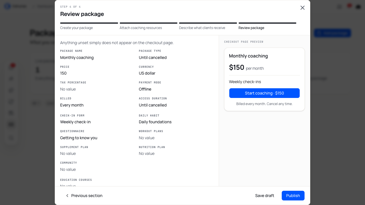 Review package screen with the package details and Save draft beside Publish.