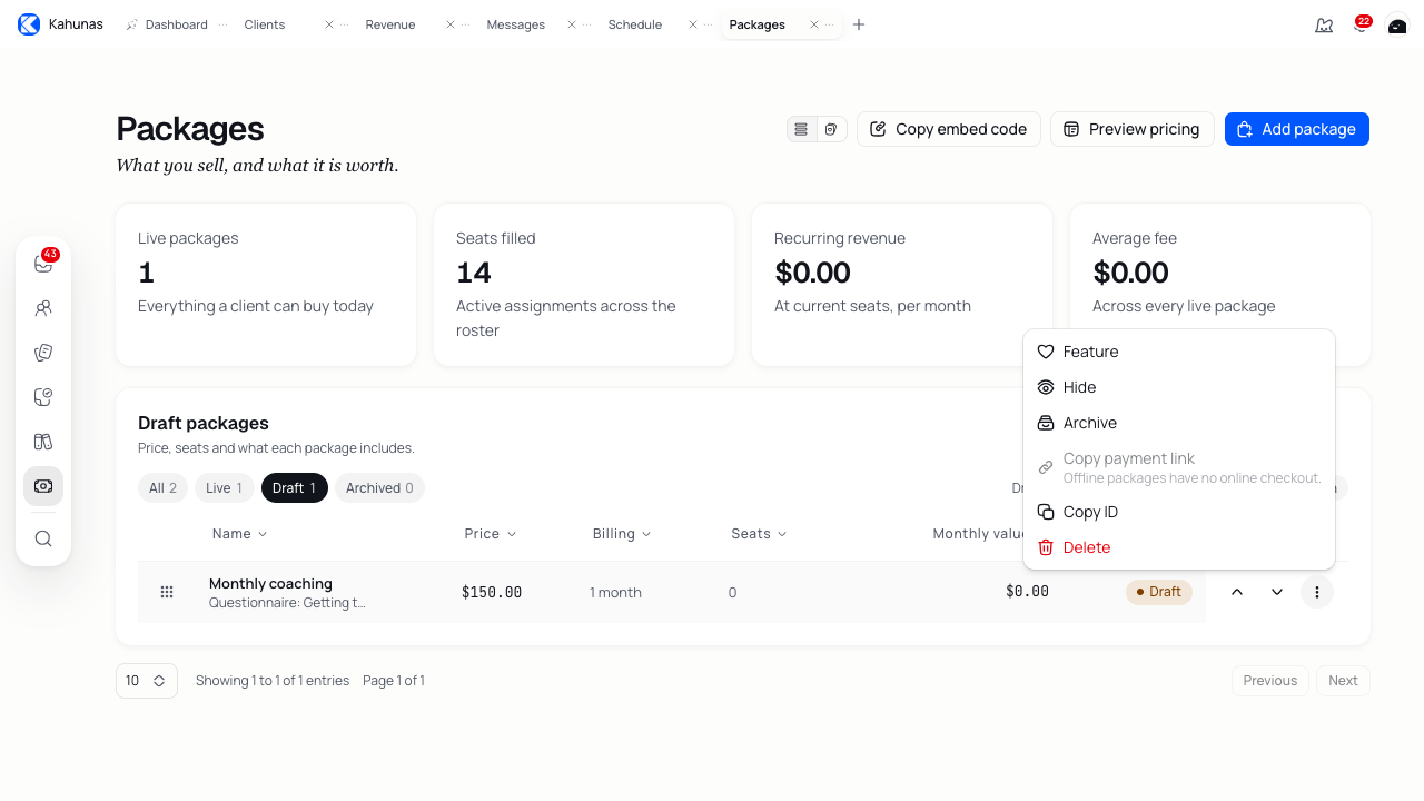 More package actions showing Feature, Hide, Archive, Copy payment link, Copy ID and Delete.