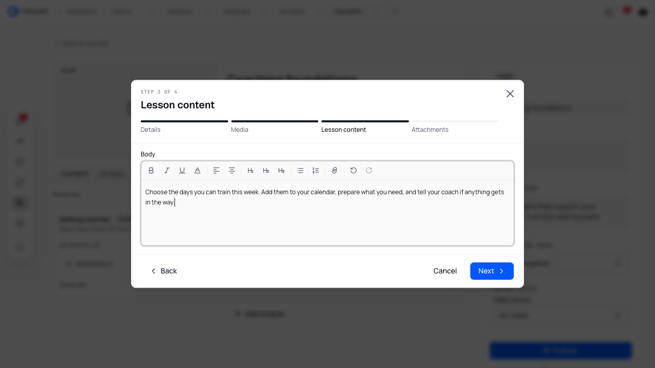 Written guidance in Lesson content asking the client to plan their training week.