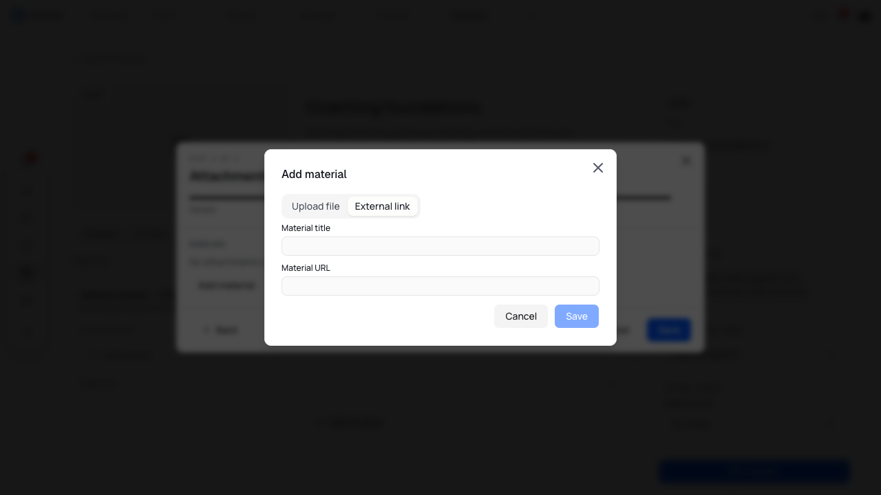 The Add material dialog with External link selected and fields for the title and URL.