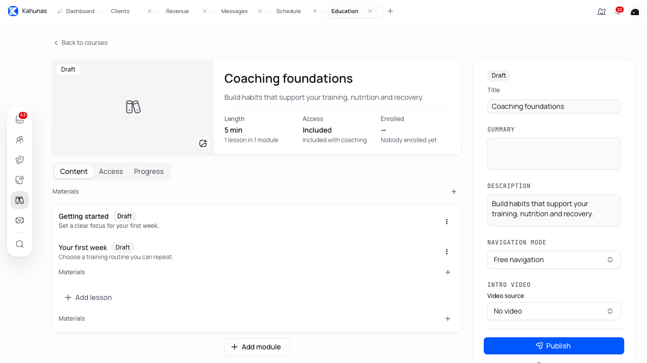 The course Content tab with its saved draft module and lesson.