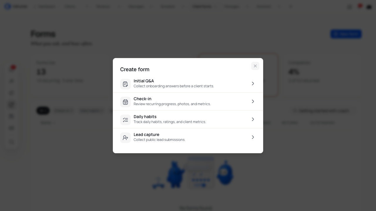 Create form dialog with Initial Q&A for onboarding questions.