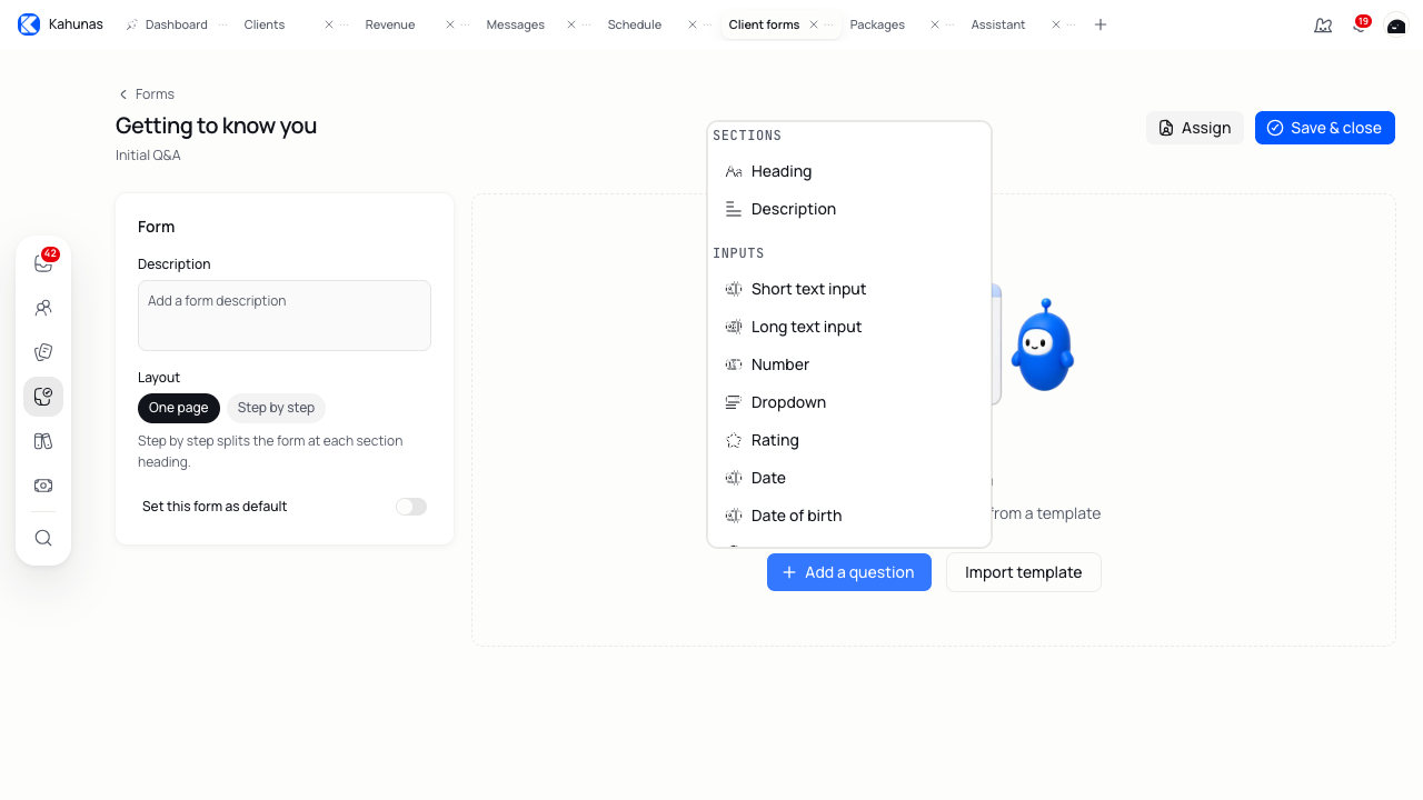 Question picker with Long text input for a detailed answer.