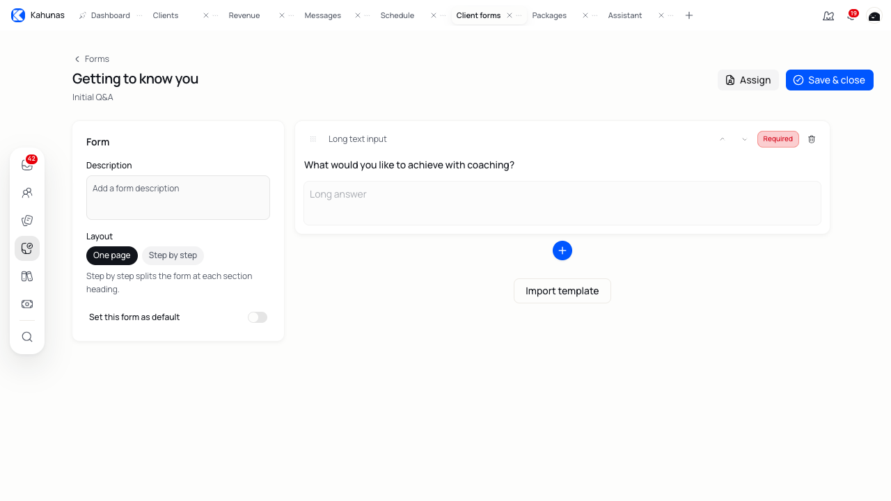 Getting to know you questionnaire with a required coaching goals question.