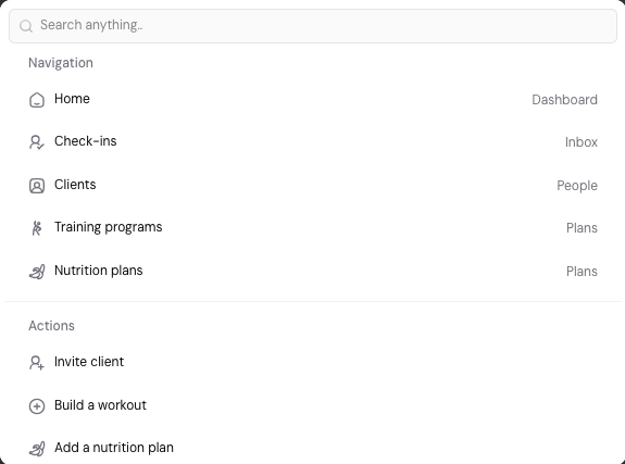 The search palette lists Navigation pages and Actions such as Invite client.