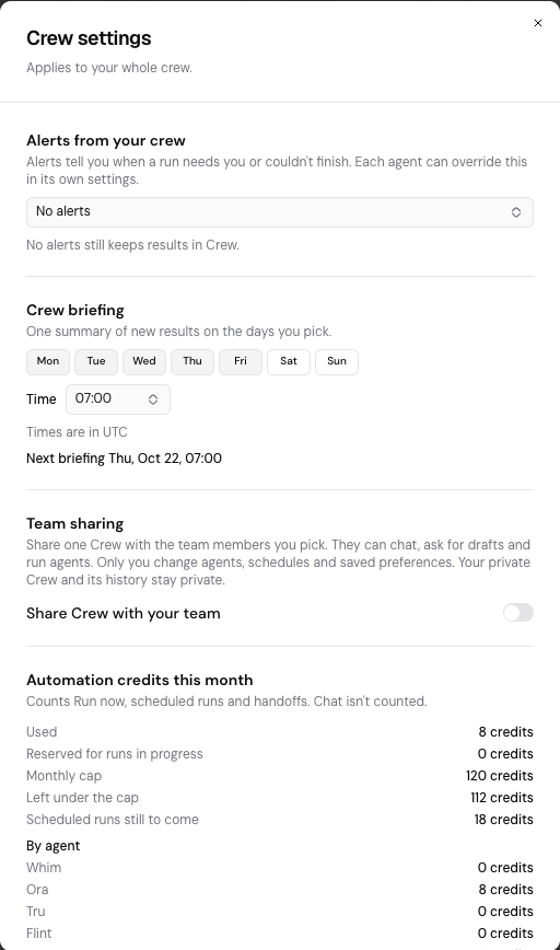 Crew settings: alerts, Crew briefing, Team sharing and Automation credits this month.