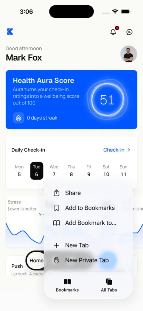 Safari menu open over the Kahunas Home screen, with Share at the top.