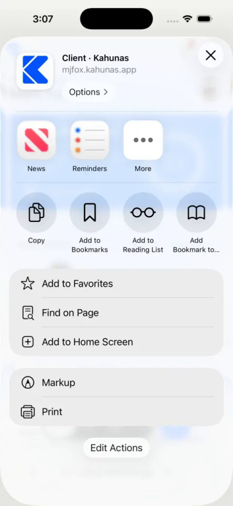 Safari share sheet with Add to Home Screen listed below Find on Page.