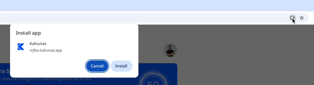 Chrome's Install app dialog for Kahunas, opened from the install icon in the address bar.