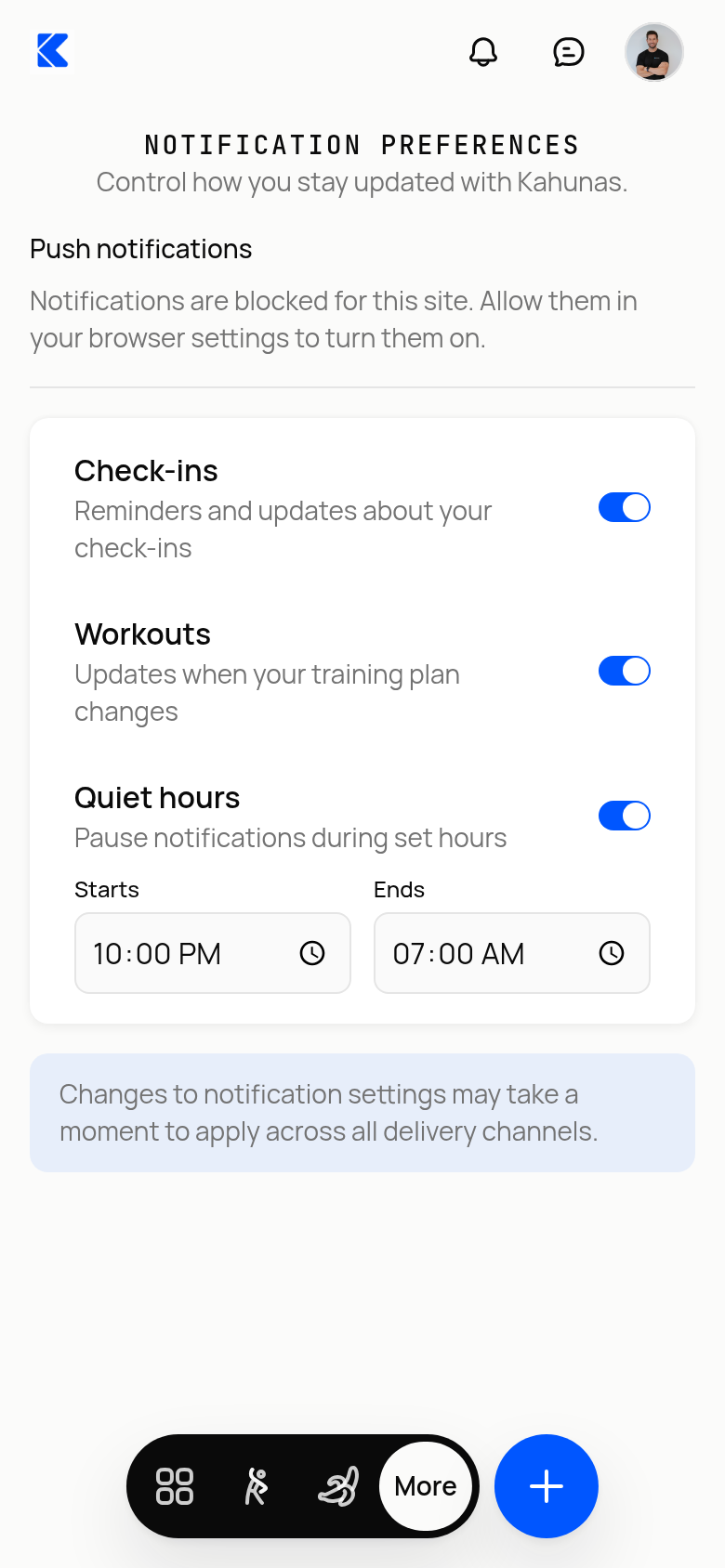 Notification preferences showing the blocked message under Push notifications, with Check-ins, Workouts and Quiet hours below.