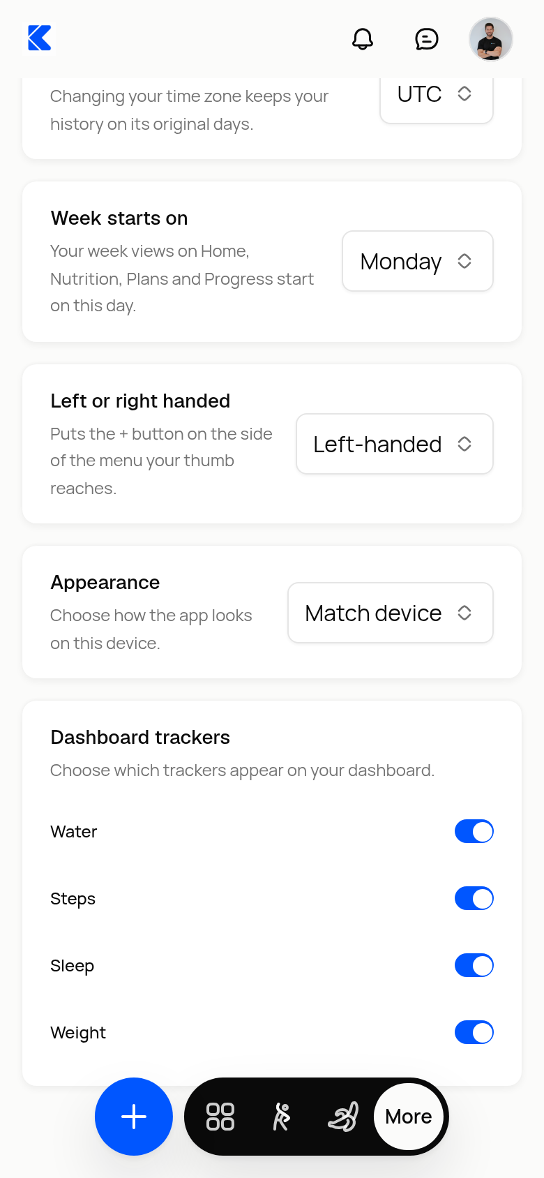 Profile & settings with Left-handed chosen and the + button moved to the left of the menu.