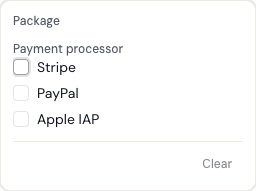 Payment filters with Stripe, PayPal and Apple IAP choices.