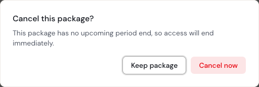 Package cancellation confirmation with Keep package and Cancel now controls.