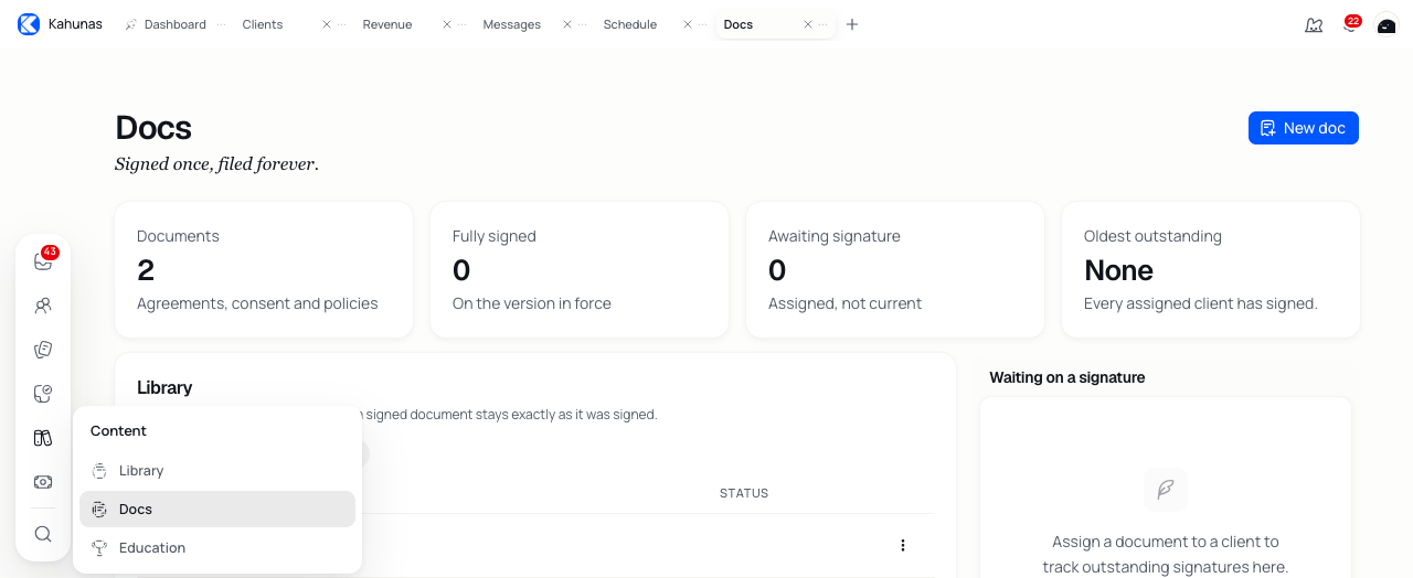 Content menu with Docs beside the document library.