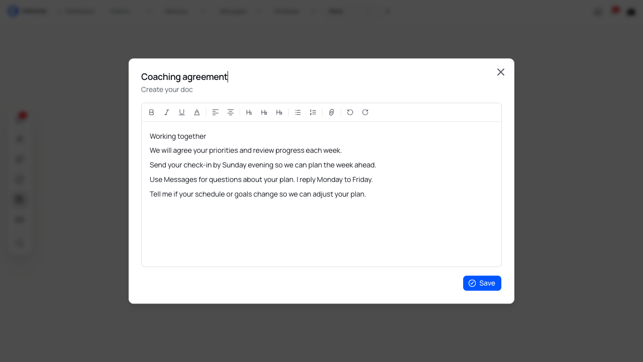 A Coaching agreement with working arrangements and the Save button.