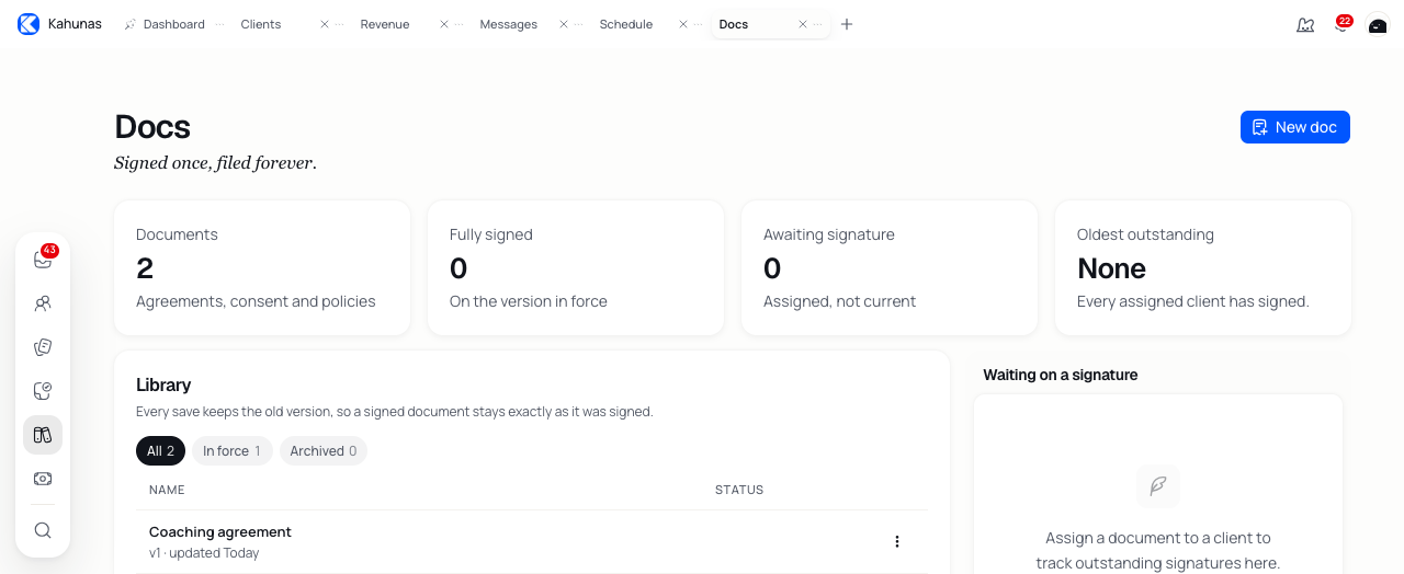 Docs library with signature counts and the Waiting on a signature panel.