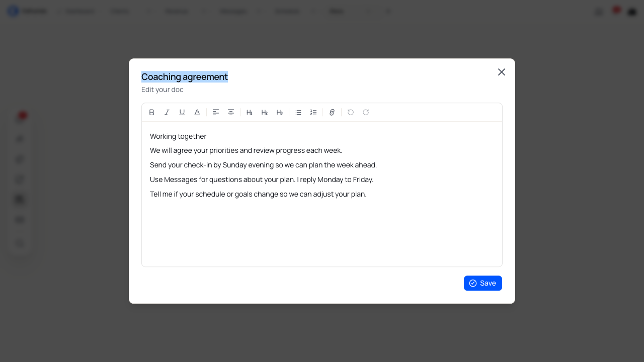 The reopened Coaching agreement with its saved title and text.