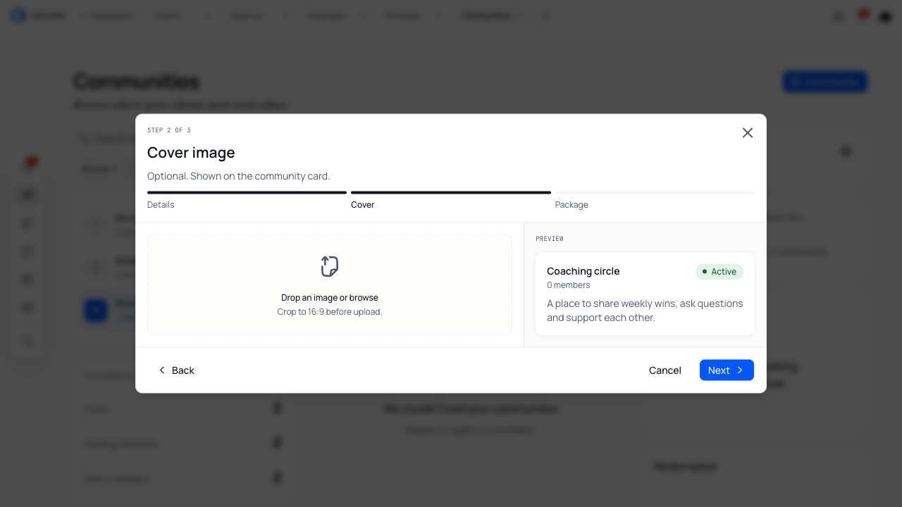 Cover step with an optional image upload and Next.