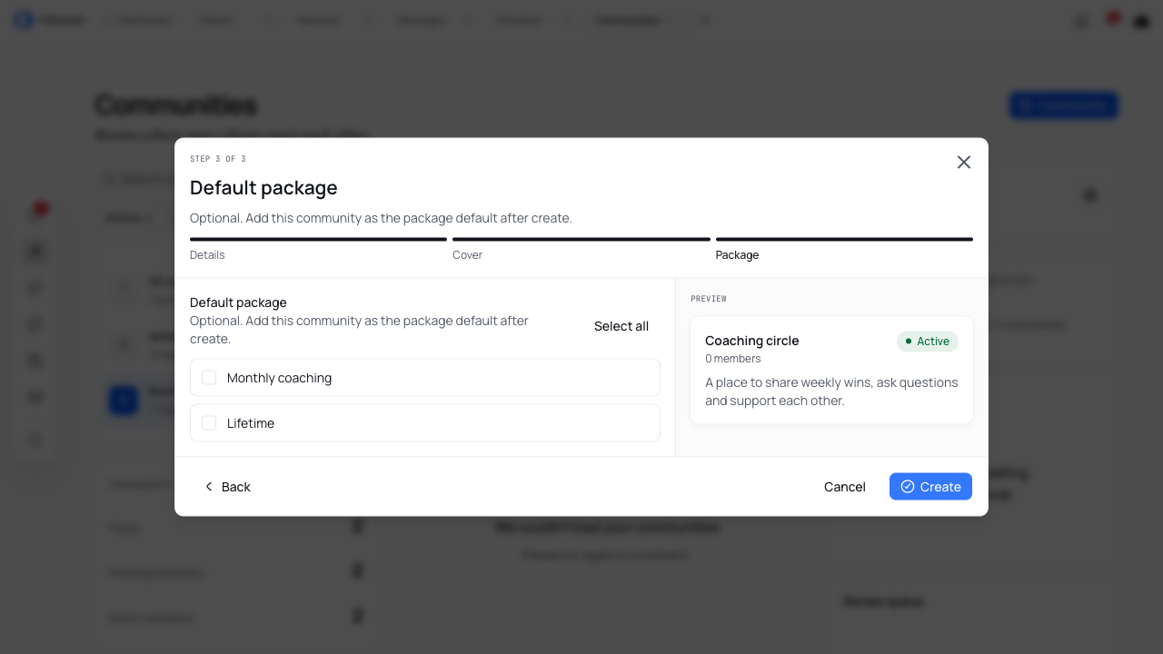 Package step with no packages selected and Create available.