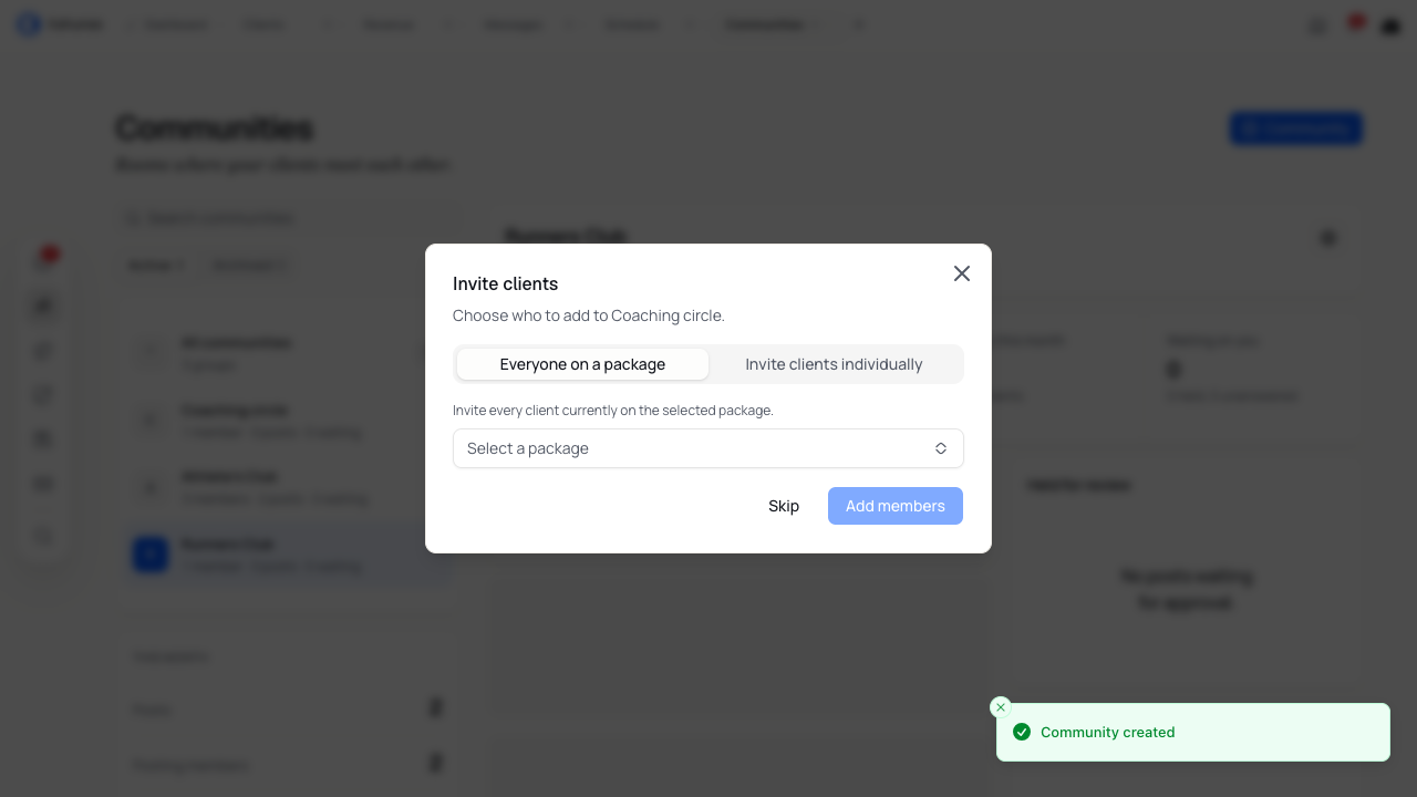 Invite clients dialog with the package selector empty and Skip available.