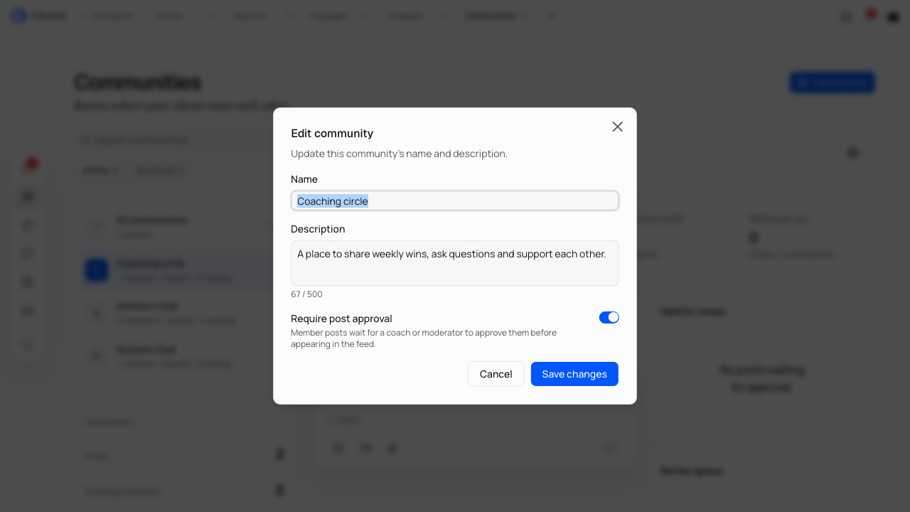 Edit community dialog with the saved name, description and post approval setting.
