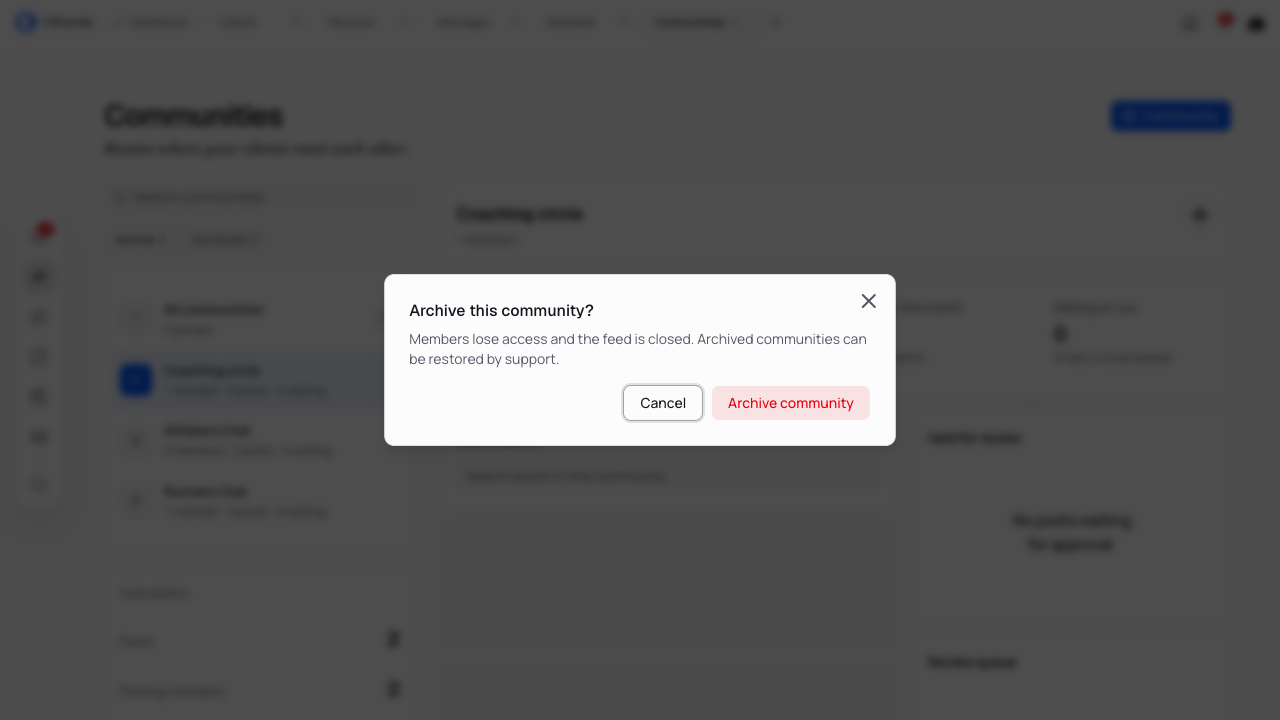 Archive confirmation explaining that members lose access, with Cancel and Archive community controls.