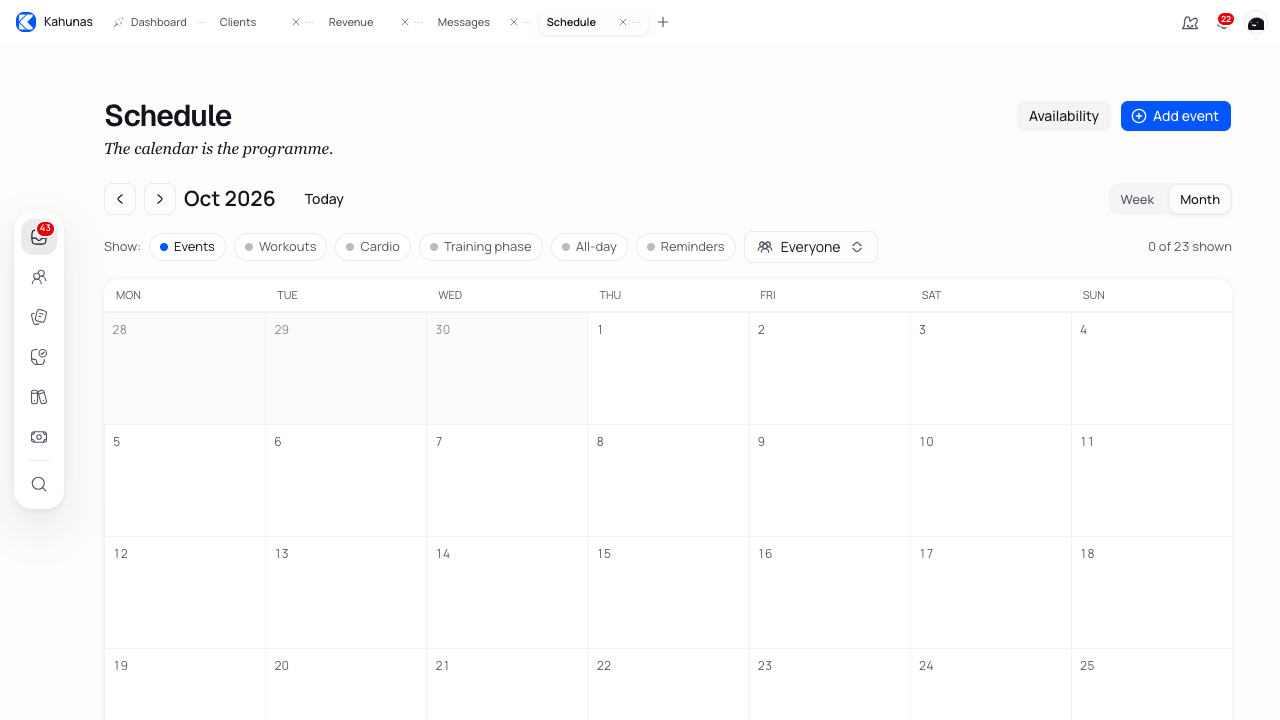 The Month view with activity filters, team selection, Availability and Add event.