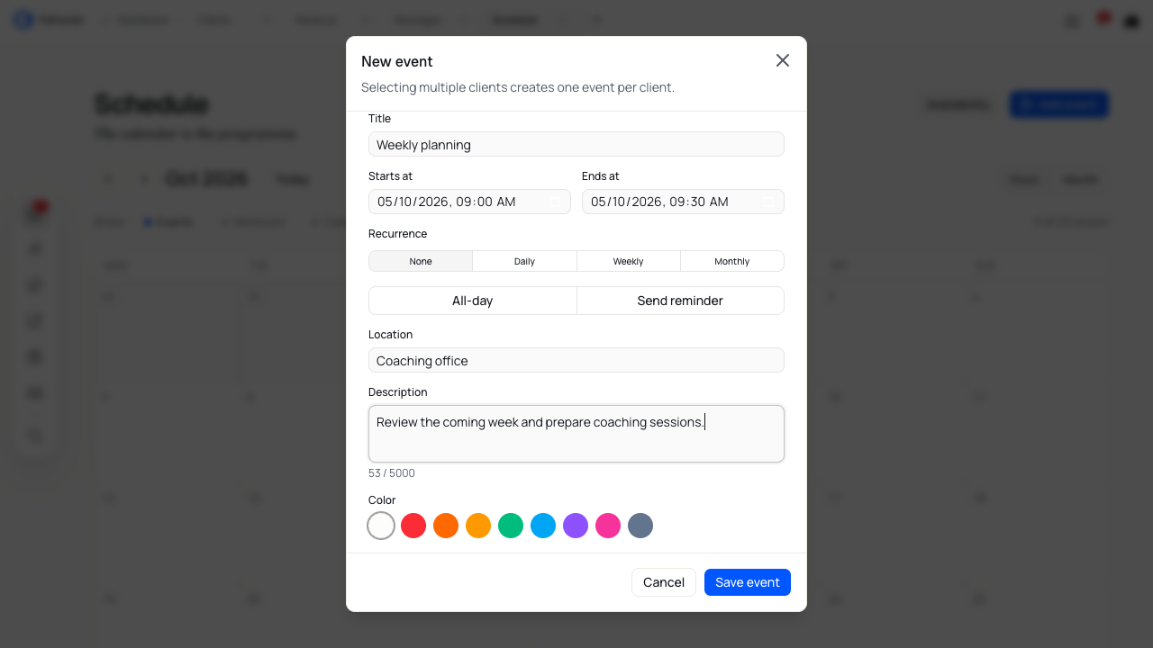 The event details with Send reminder off, a location, a description and Save event.