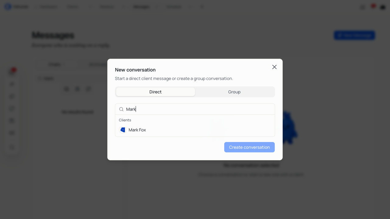 The New conversation dialog filtered to one client, with Direct selected.