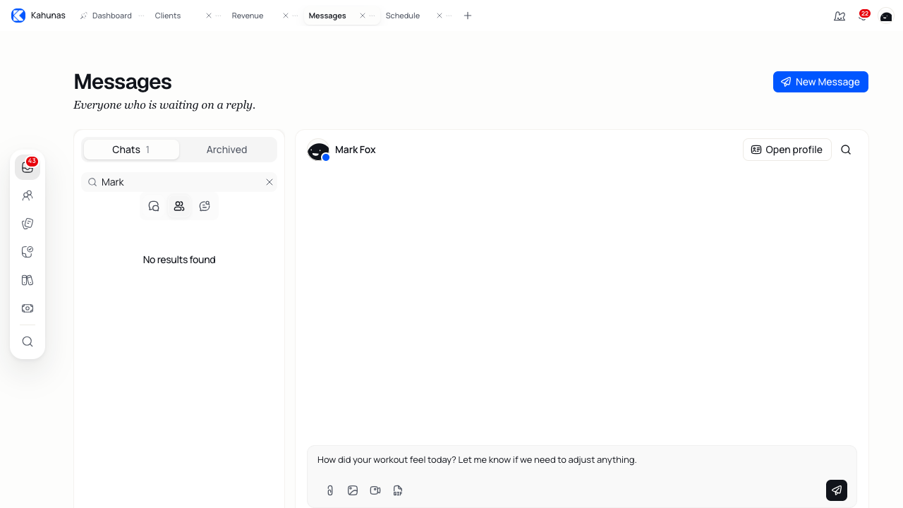 A short coaching question in the message composer, ready to send to the selected client.