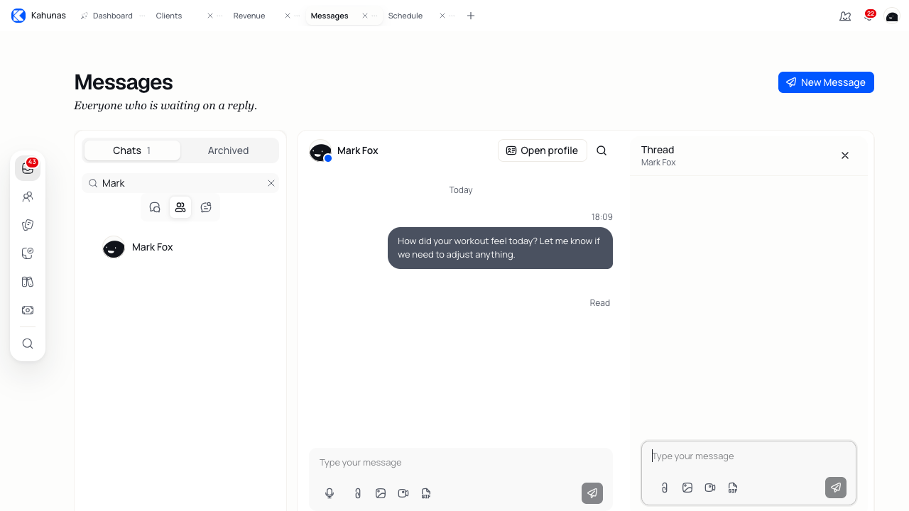 The Thread panel beside the main conversation, with a separate reply composer.
