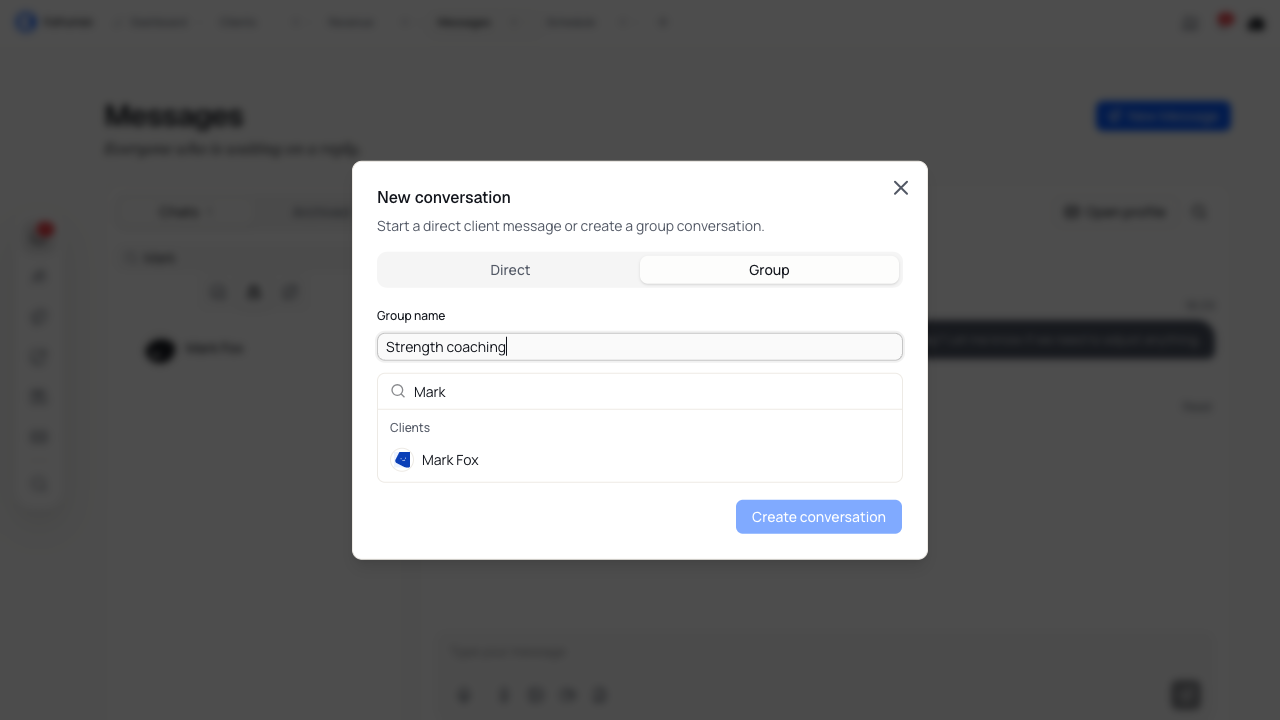 The Group tab with a coaching group name and client search.