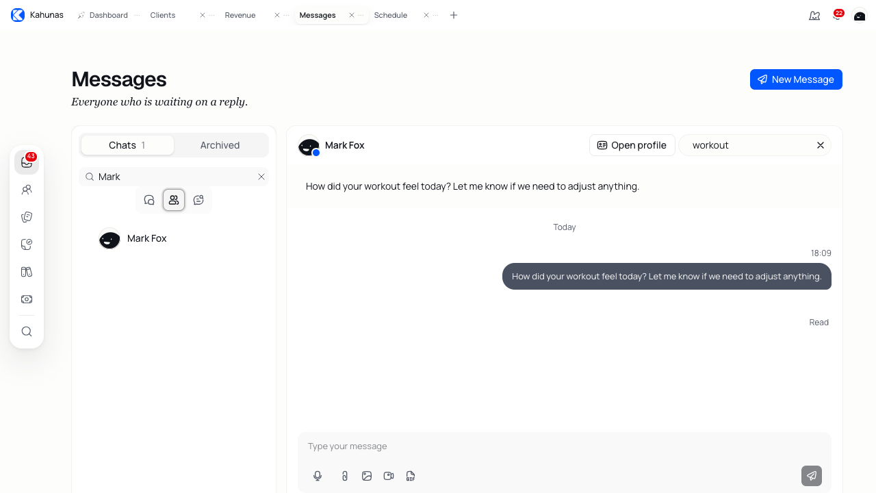 A search for workout within the selected conversation, showing the matching coaching message.
