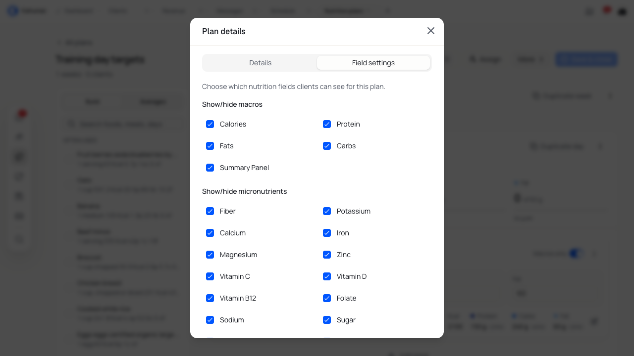 Field settings controls which macro and micronutrient values clients can see.