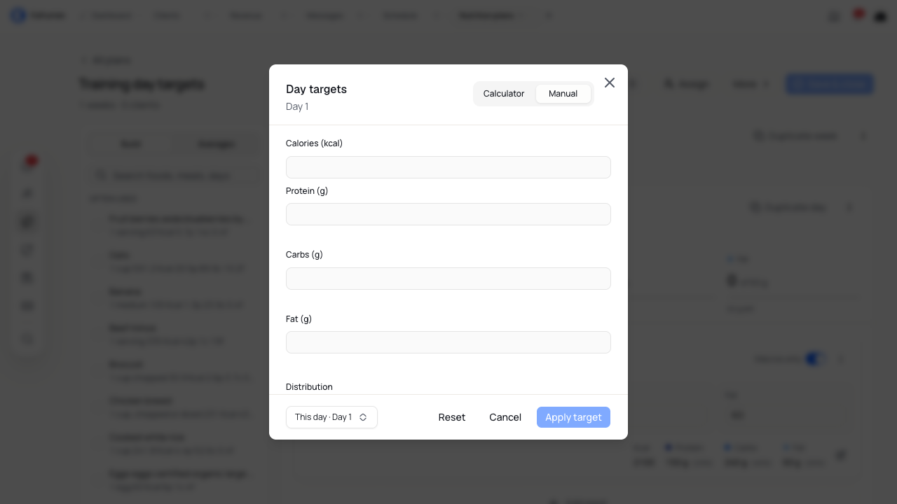 Manual day targets let you enter calories and macros and choose where to apply them.