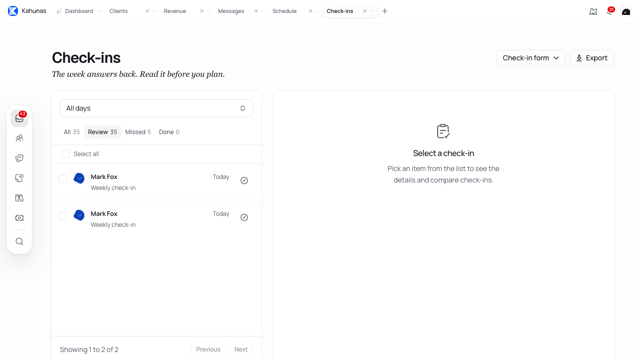 Check-in inbox filtered to the Weekly check-in form, showing two submissions from Mark Fox in the Review view.