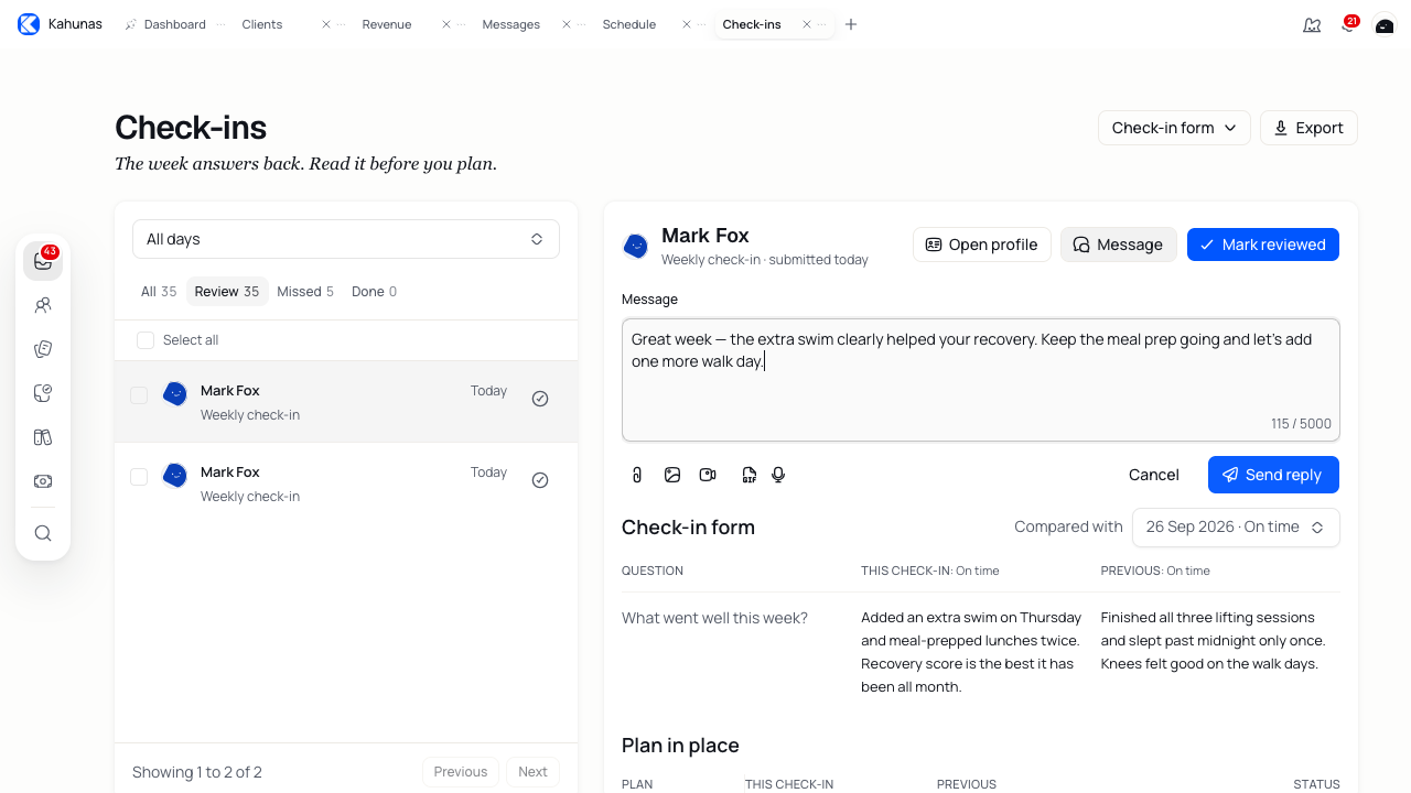 Reply composer with a short feedback draft about training consistency, attachment controls, Cancel and Send reply.