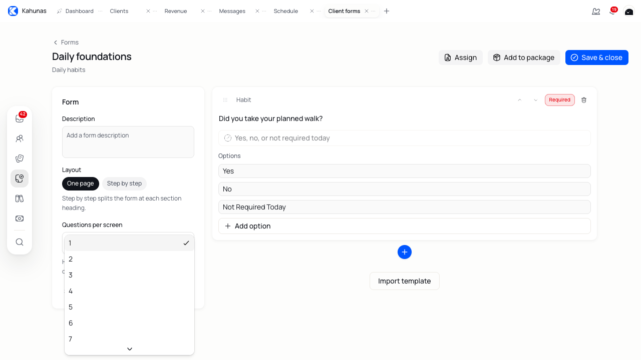 Questions per screen menu in the daily habits builder.