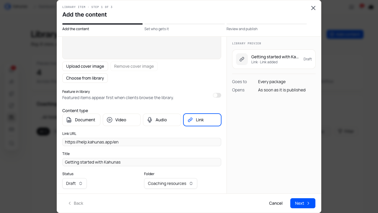 A library link with its address, title, Coaching resources folder and Draft status.