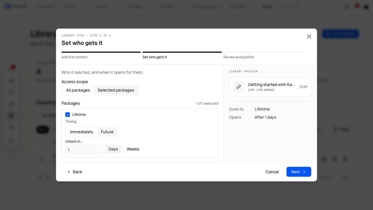 Selected packages access with a package checked and Future timing controls for days or weeks.