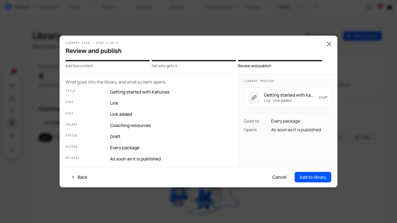 The review step showing a link in Draft with its folder, audience and release timing.