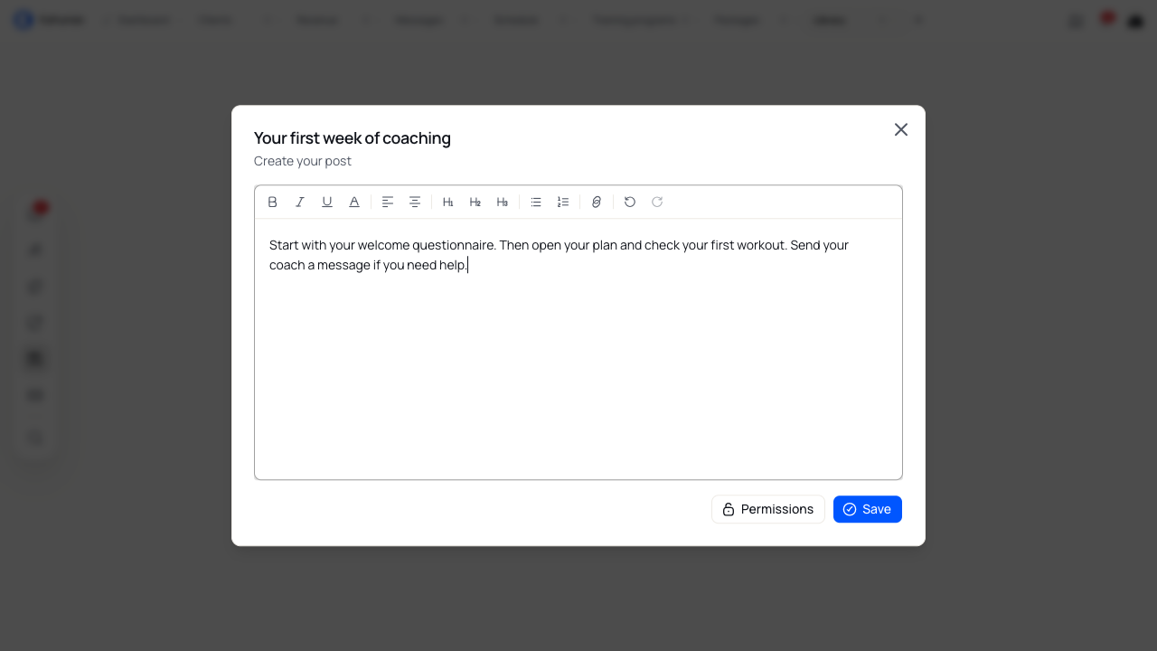 The article editor with a welcome paragraph and Permissions and Save controls.